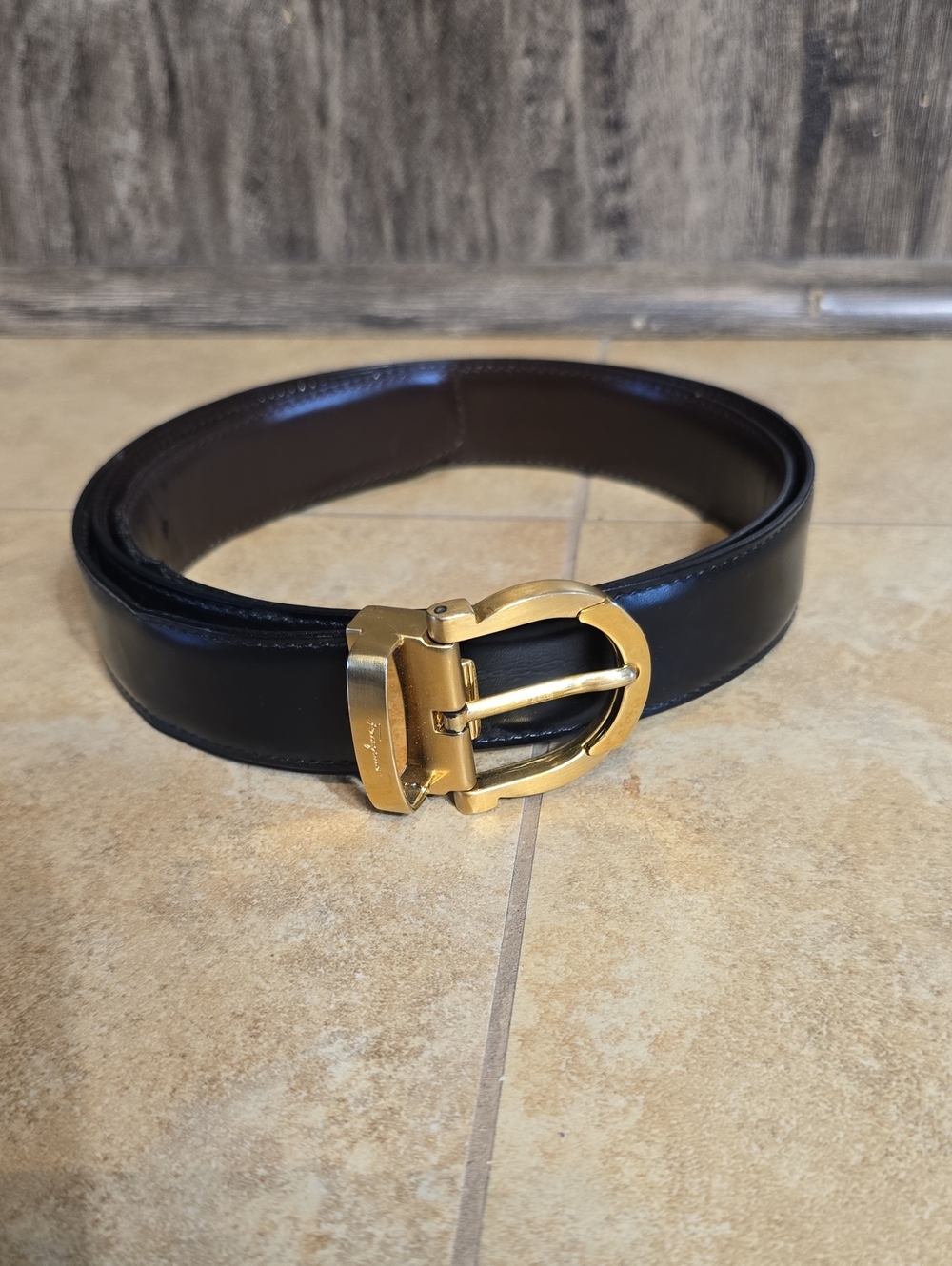 Salvatore Ferragamo Black And Brown Leather Belt with Gold Gancini Buckle